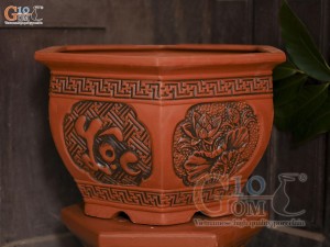 Bộ 3 chậu gốm lục giác khắc Phúc Lộc Thọ, miệng 52cm