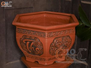 Bộ 3 chậu gốm lục giác khắc Phúc Lộc Thọ, miệng 52cm