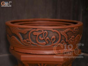Bộ 3 chậu gốm tròn khắc nổi Phúc Lộc Thọ, đường kính 43cm