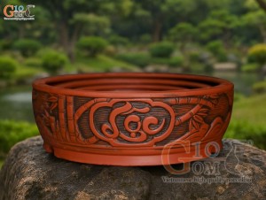 Bộ 3 chậu gốm tròn khắc nổi Phúc Lộc Thọ, đường kính 43cm