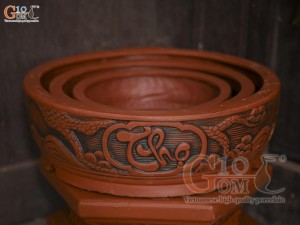 Bộ 3 chậu gốm tròn khắc nổi Phúc Lộc Thọ, đường kính 43cm