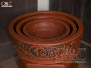 Bộ 3 chậu gốm tròn khắc nổi Phúc Lộc Thọ, đường kính 43cm