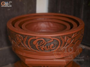 Bộ 3 chậu gốm tròn khắc nổi Phúc Lộc Thọ, đường kính 43cm