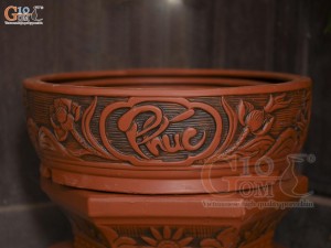 Bộ 3 chậu gốm tròn khắc nổi Phúc Lộc Thọ, đường kính 43cm