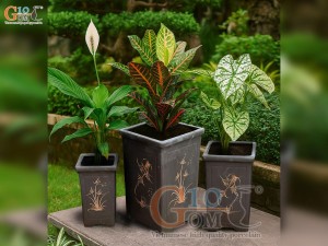 Bộ 3 chậu gốm vuông cao vẽ lá, màu đen, cao 40cm Bộ 3 chậu gốm vuông cao vẽ lá, màu đen, cao 40cm