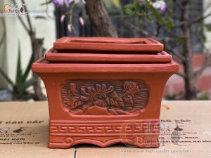 Bộ 3 chậu gốm vuông khắc hoa, màu đỏ, 28x28cm