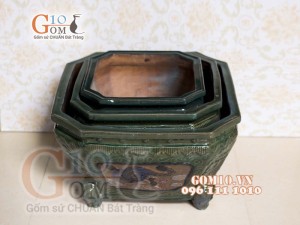 Bộ 3 chậu hoa đắp nổi tứ cảnh, men lục bảo cao cấp