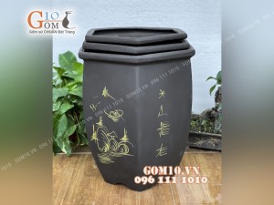 Bộ 3 chậu đất nung lục giác gốm đen dáng thon