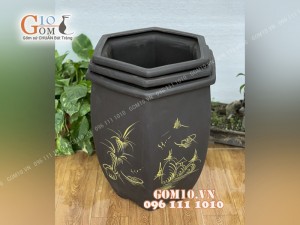 Bộ 3 chậu đất nung lục giác gốm đen dáng thon