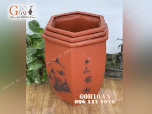 Bộ 3 chậu đất nung lục giác gốm đỏ dáng thon