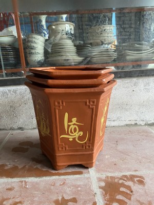 Bộ 3 chậu lục giác gốm đỏ vẽ chữ Phúc Lộc Thọ,cao 33cm