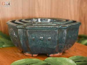 Bộ 3 chậu men hỏa biến khắc nổi miệng lượn, đường kính 25cm