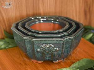 Bộ 3 chậu men hỏa biến khắc nổi miệng lượn, đường kính 25cm
