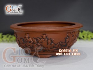 Bộ 3 chậu tròn khắc nổi  họa tiết bát tiên,  46cm x 38,5cm x 30cm.