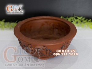 Bộ 3 chậu tròn khắc nổi  họa tiết bát tiên,  46cm x 38,5cm x 30cm.