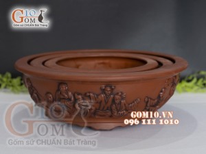 Bộ 3 chậu tròn khắc nổi  họa tiết bát tiên,  46cm x 38,5cm x 30cm.