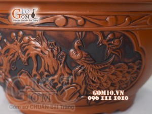 Bộ 3 chậu tròn khắc nổi họa tiết công đào, 45m x 37cm x 30cm.