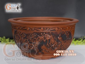 Bộ 3 chậu tròn khắc nổi họa tiết công đào, 45m x 37cm x 30cm.