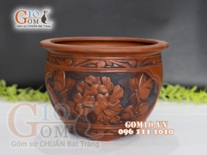 Bộ 3 chậu tròn khắc nổi họa tiết hoa mẫu đơn ,45m x 36cm x 29cm.