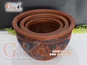 Bộ 3 chậu tròn khắc nổi họa tiết hoa mẫu đơn ,45m x 36cm x 29cm.