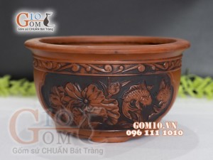 Bộ 3 chậu tròn khắc nổi họa tiết hoa sen và cá chép , 45m x 37cm x 30cm.