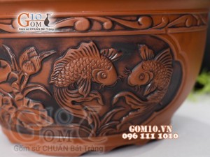 Bộ 3 chậu tròn khắc nổi họa tiết hoa sen và cá chép , 45m x 37cm x 30cm.