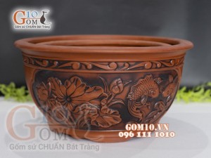Bộ 3 chậu tròn khắc nổi họa tiết hoa sen và cá chép , 45m x 37cm x 30cm.