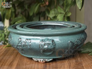 Bộ 3 chậu tròn men hỏa biến đắp nổi cây Tùng, đường kính 44cm