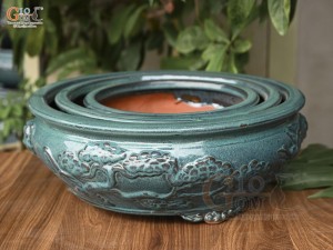 Bộ 3 chậu tròn men hỏa biến đắp nổi cây Tùng, đường kính 44cm