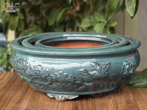 Bộ 3 chậu tròn men hỏa biến đắp nổi cây Tùng, đường kính 44cm