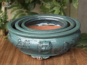 Bộ 3 chậu tròn men hỏa biến đắp nổi cây Tùng, đường kính 44cm