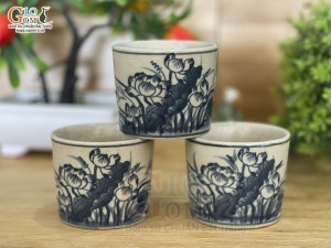 Bộ 3 chén tích men rạn vẽ Sen, 6cm