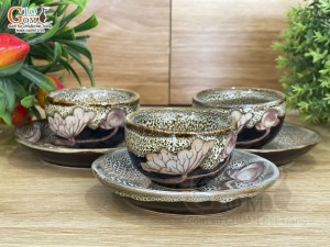 Bộ 3 đĩa chén men hỏa biến gấm vàng khắc sen