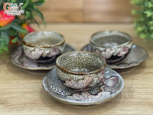 Bộ 3 đĩa chén men hỏa biến gấm vàng khắc sen