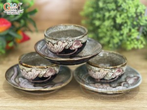 Bộ 3 đĩa chén men hỏa biến gấm vàng khắc sen