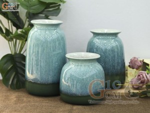 Bộ 3 hoa dáng vò thon men hỏa biến bạch ngọc, cao 23cm