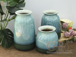 Bộ 3 hoa dáng vò thon men hỏa biến bạch ngọc, cao 23cm