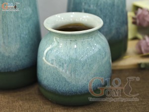 Bộ 3 hoa dáng vò thon men hỏa biến bạch ngọc, cao 23cm