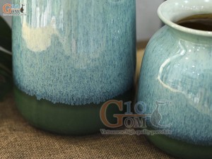 Bộ 3 hoa dáng vò thon men hỏa biến bạch ngọc, cao 23cm