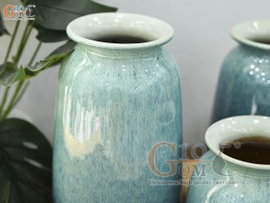 Bộ 3 hoa dáng vò thon men hỏa biến bạch ngọc, cao 23cm