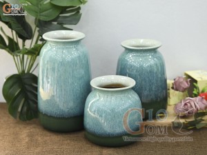 Bộ 3 hoa dáng vò thon men hỏa biến bạch ngọc, cao 23cm