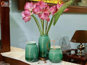Bộ 3 hoa dáng vò thon men hỏa biến cẩm thạch, cao 23cm