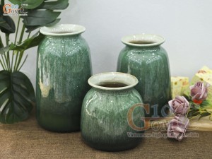 Bộ 3 hoa dáng vò thon men hỏa biến cẩm thạch, cao 23cm