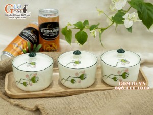 Bộ 3 hũ có nắp men kem vẽ Đài Sen, 9,5cm