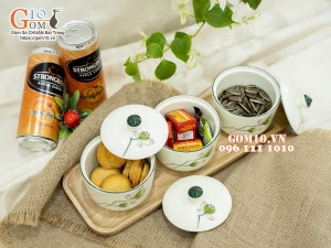 Bộ 3 hũ có nắp men kem vẽ Đài Sen, 9,5cm