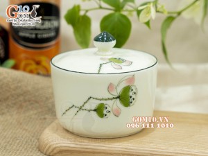 Bộ 3 hũ có nắp men kem vẽ Đài Sen, 9,5cm