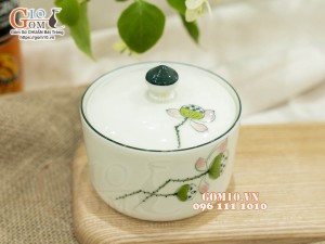 Bộ 3 hũ có nắp men kem vẽ Đài Sen, 9,5cm