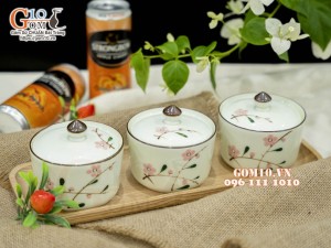 Bộ 3 hũ có nắp men kem vẽ hoa Đào phai, 9,5cm