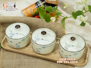 Bộ 3 hũ có nắp men kem vẽ hoa Đào xanh, 9,5cm