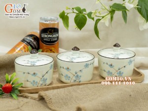 Bộ 3 hũ có nắp men kem vẽ hoa Đào xanh, 9,5cm